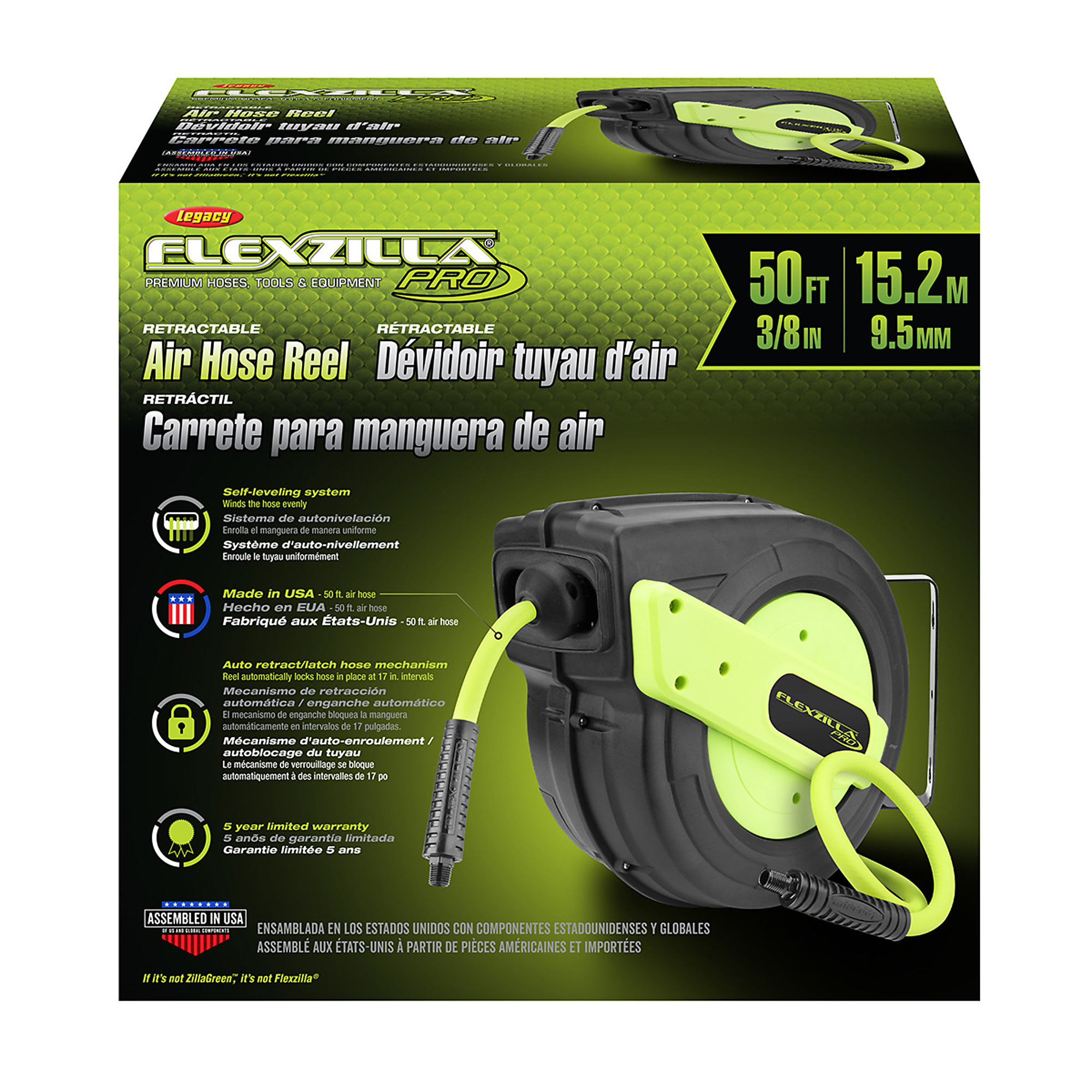 Flexzilla Pro Enclosed Plastic Retractable Air Hose Reel — 3/8in. x 50ft., Auto Retract, Swivel Mounting Bracket, Model# LEGL8251FZP